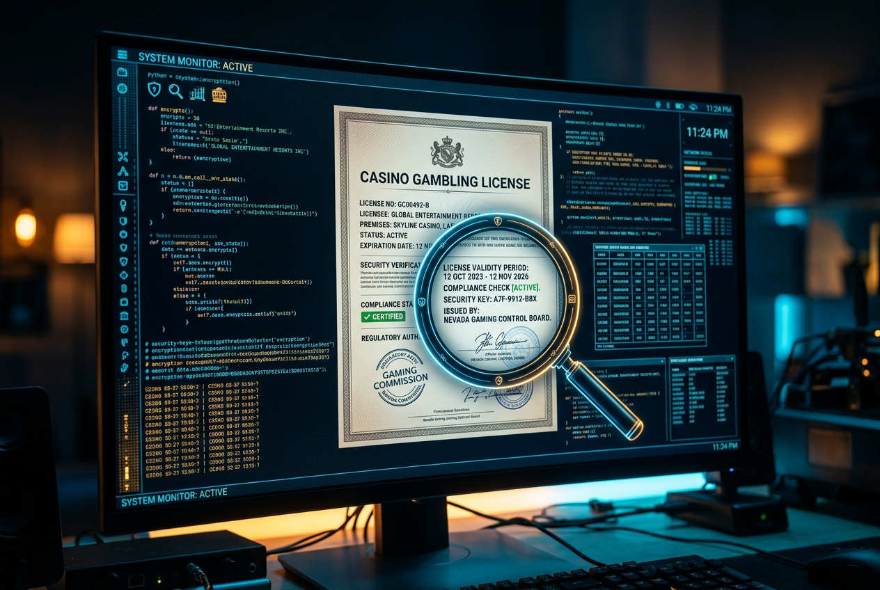 Close-up of a digital forensic analysis of a casino license
