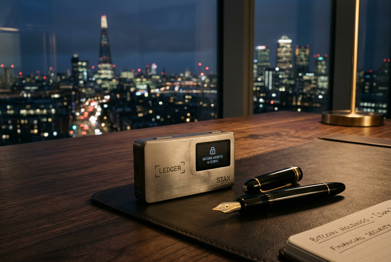 Premium cryptocurrency wallet and luxury accessories on a desk.